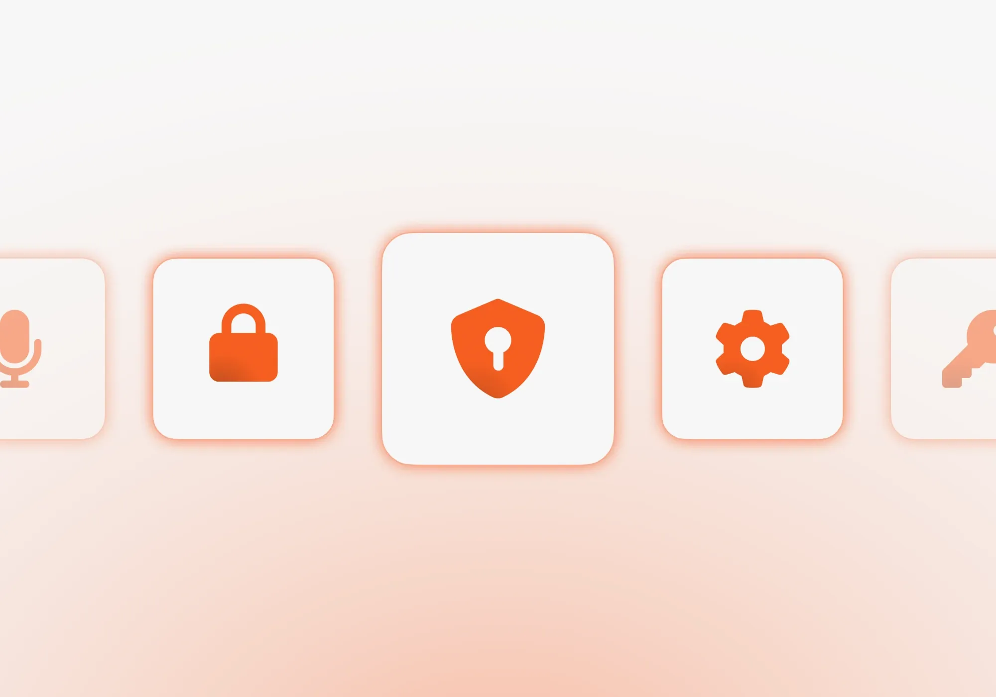A row of security icons — microphone, padlock, shield with a keyhole, gear and key — with the shield raised in the middle and the outer two faded