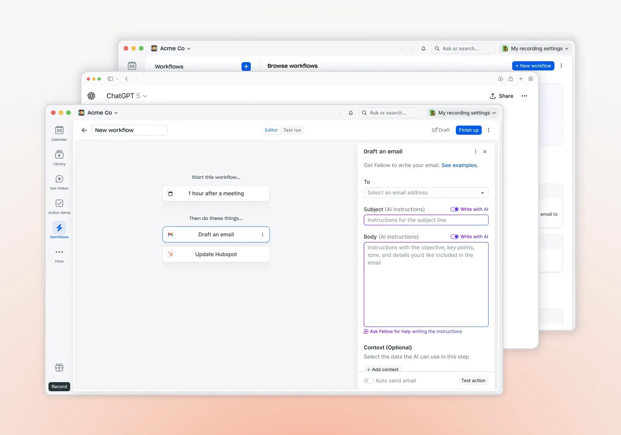 Layered windows from the projects: the Fellow Workflows editor drafting an email, Fellow in ChatGPT, and the workflow library behind them